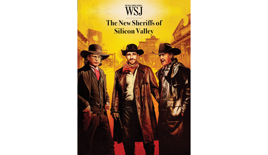 Screenshot of the Wall Street Journal story “The New Sheriffs of Silicon Valley.” Jim Steyer appears as one of three cowboys, with a Wild West town in the background.