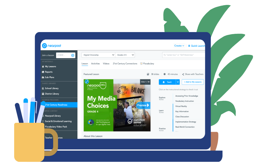 Illustration of the Nearpod interface with one of the Common Sense education lessons in display