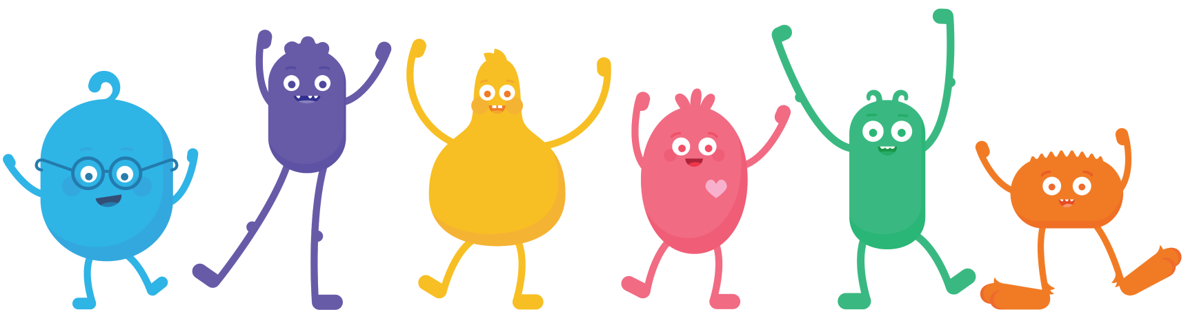Illustration of the six cartoon characters called the digital citizens. Blue “Head”, purple “Legs”, yellow “Guts”, pink “Heart”, green “Arms” and orange “Feet”