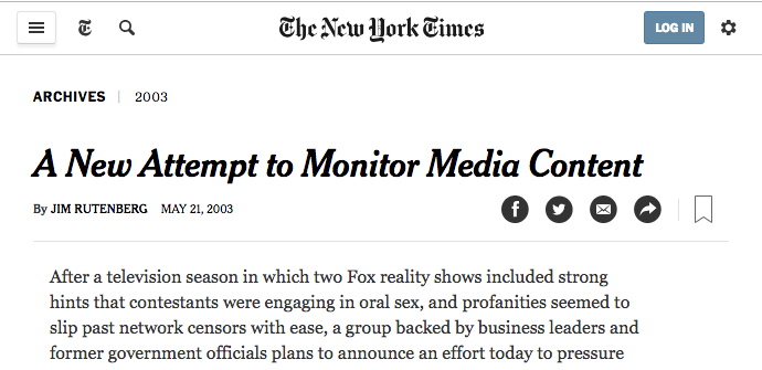 Screenshot of the New York Times website showing the article “A New Attempt to Monitor Media Content.”