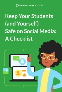 Thumbnail for an infographic featuring a cartoon illustration of a teacher in front of a laptop and tablet. The title reads Keep Your Students and Yourself Safe on Social Media, a Checklist.